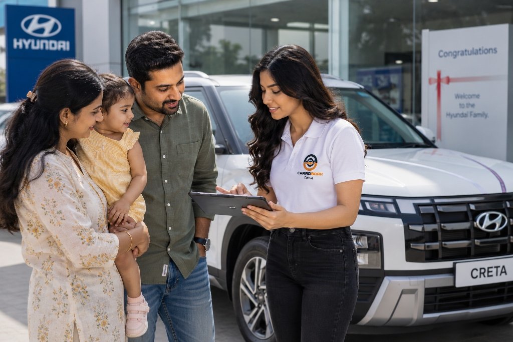 CARROBAAR_Drive AI Brand Ambassador CAYA inspecting a brand new car at showroom for a family
